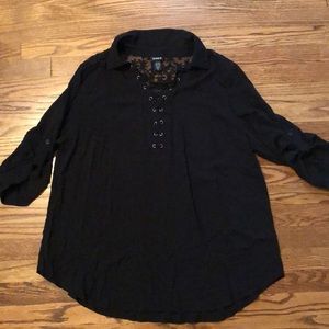 Torrid Lace Yoke Lace-Up Neck Collared Shirt